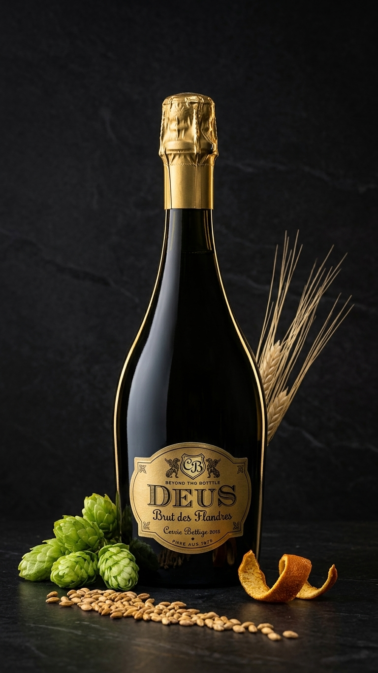 DeuS Brut des Flanders Champagnerflasche mit goldener Folie und Etikett, davor Hopfendolden und Orangenschale.