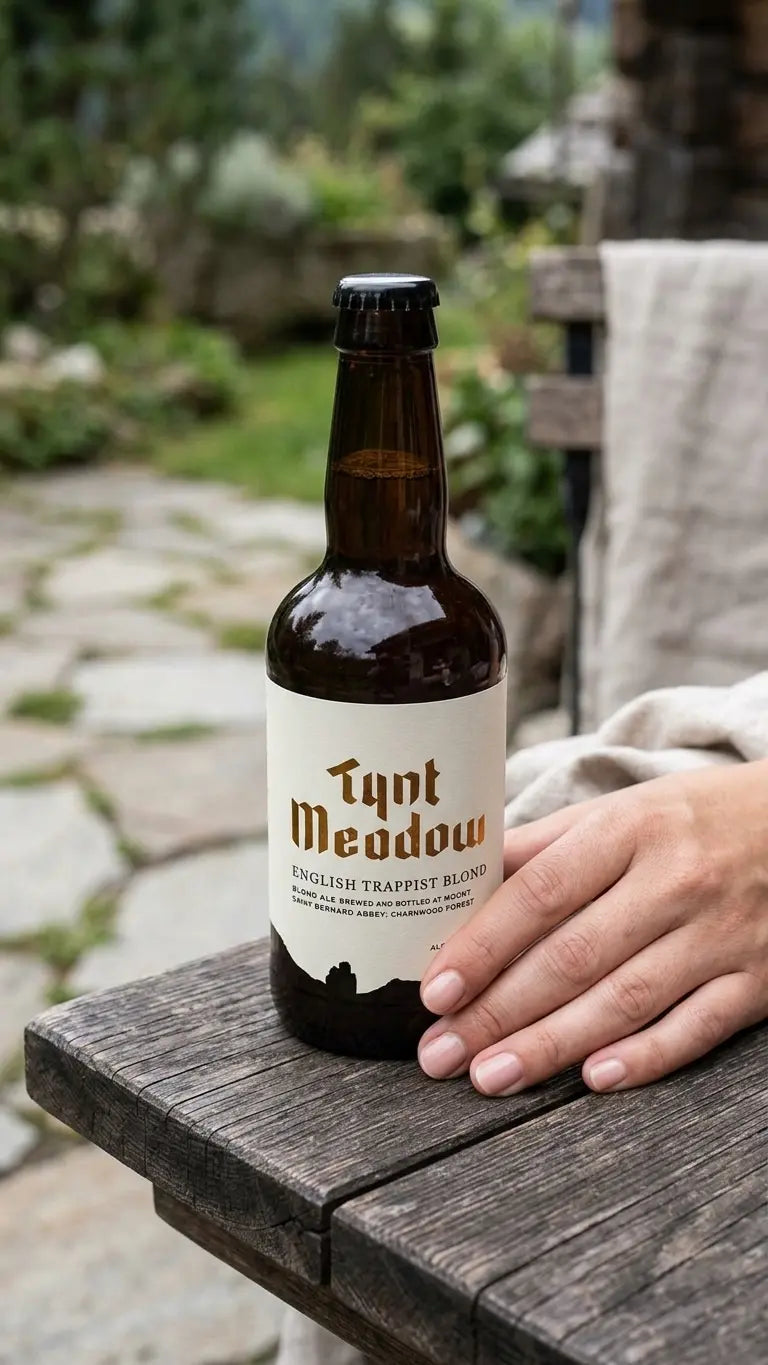 Braune 33cl Flasche Mount St. Bernard Tynt Meadow English Trappist Ale mit weißem Etikett auf Holztisch.