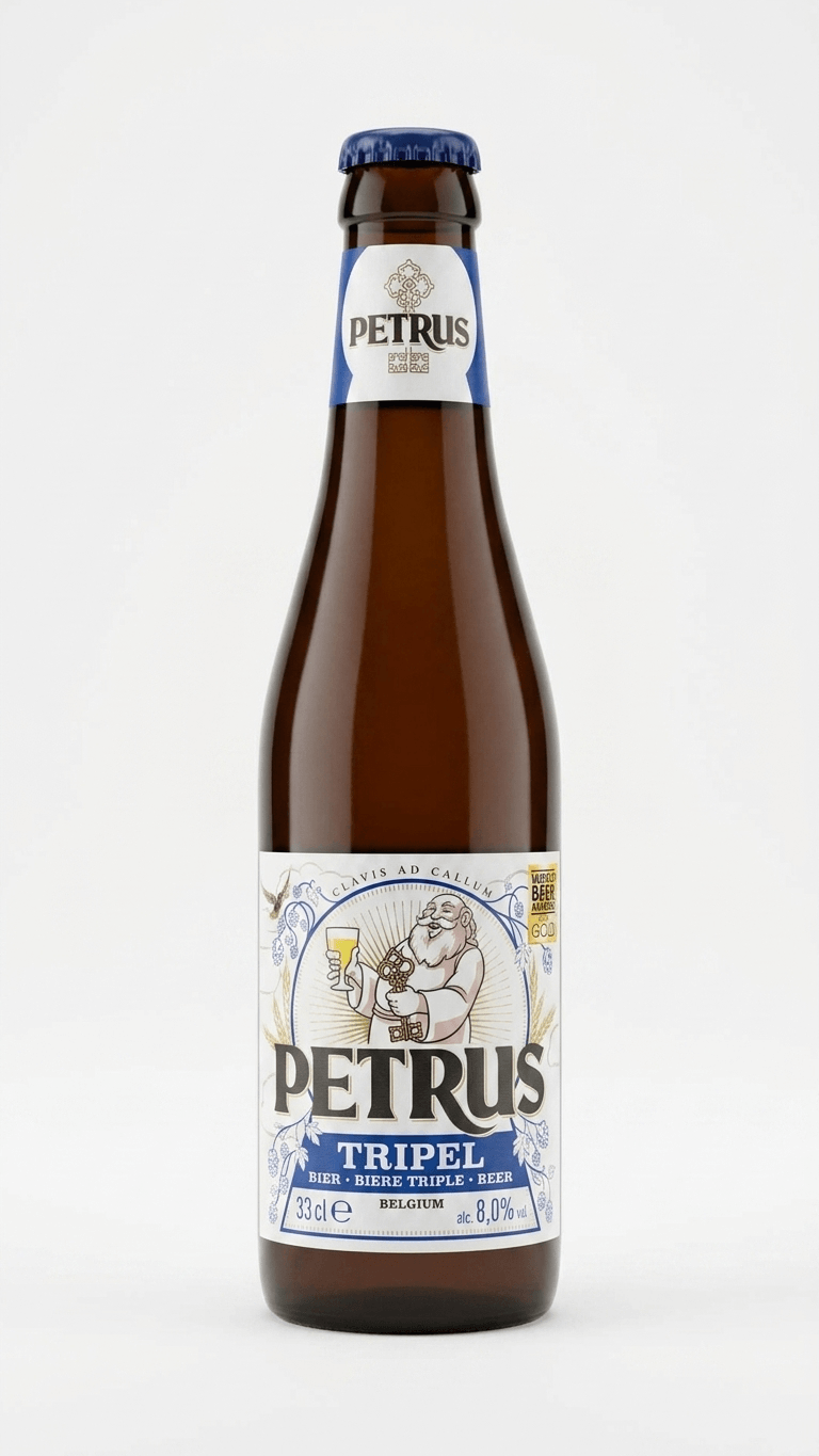 Braune 33-cl-Flasche Petrus Tripel mit weißem Etikett und blauem Verschlussdeckel.