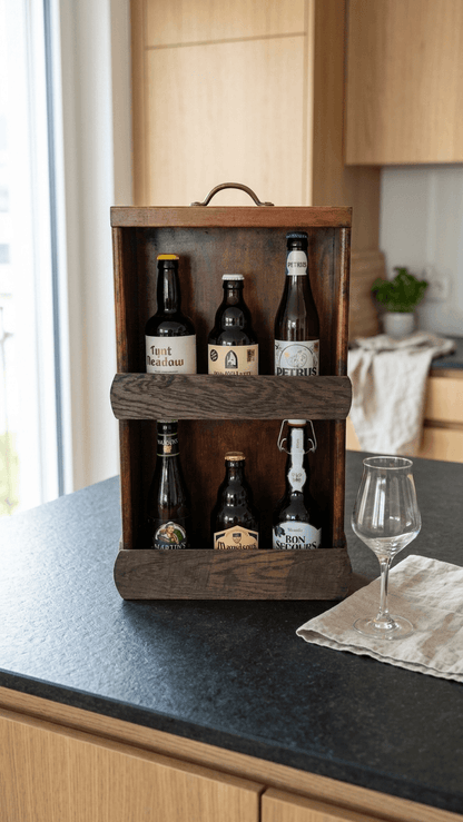 Holzbox mit sechs verschiedenen Bierflaschen und integriertem Flaschenöffner in moderner Küche.