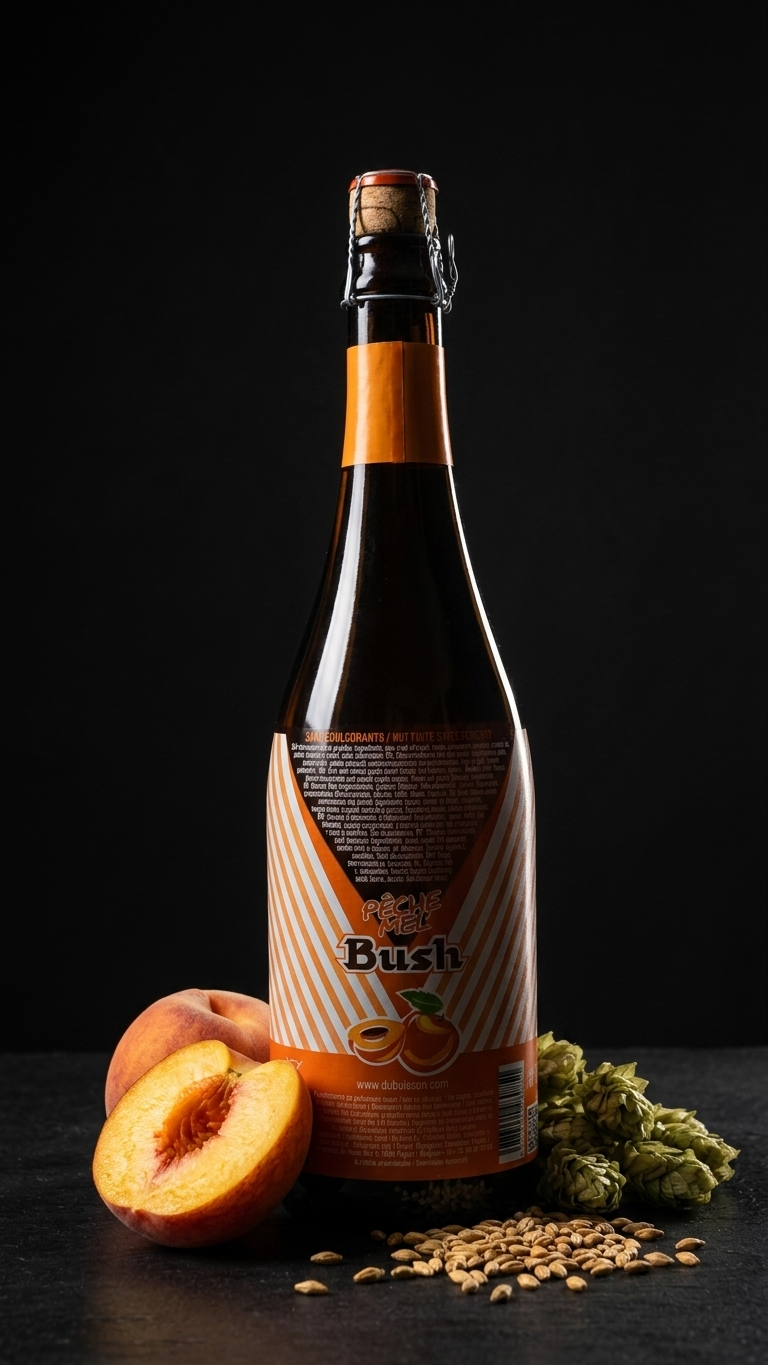 Glas Bush Bier mit goldener Farbe und feinem Schaum, Flasche im Hintergrund.