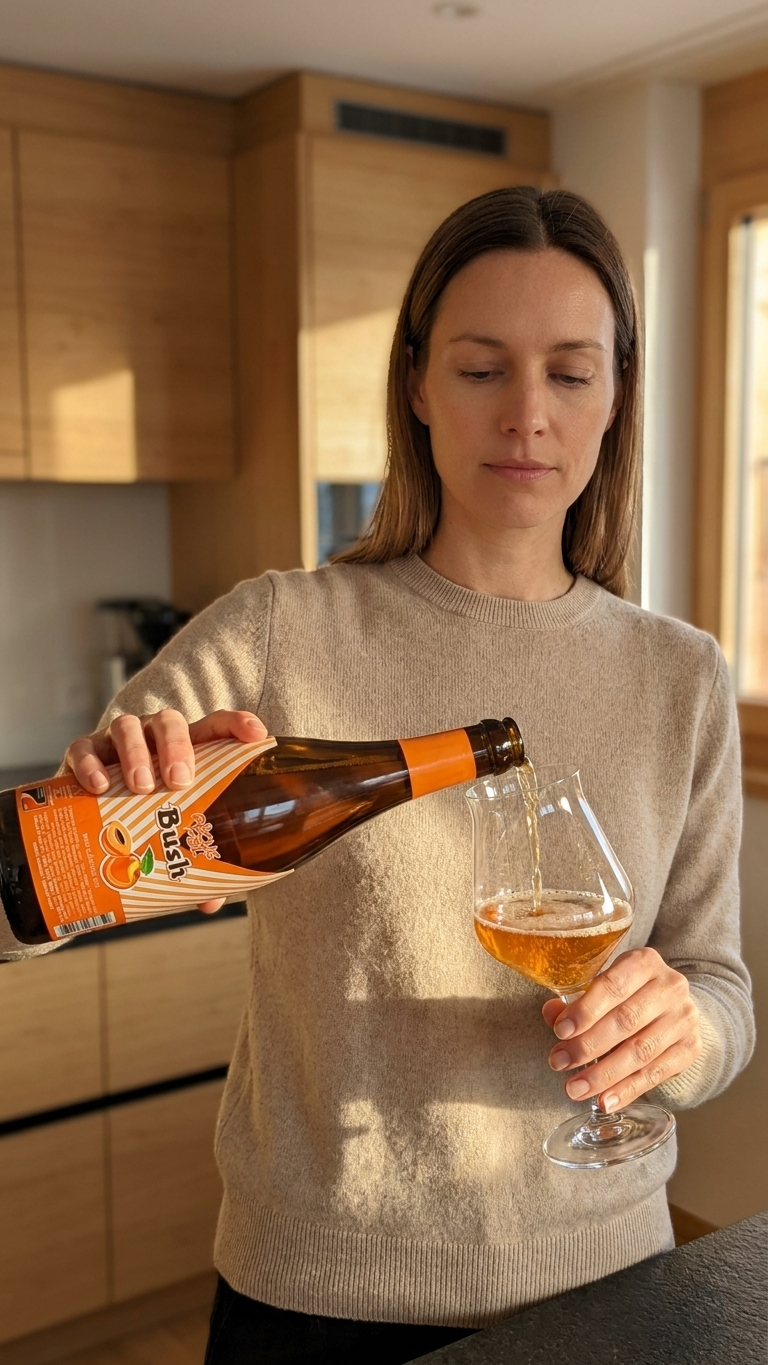 Bush Bier dekorativ inszeniert, Flasche und Glas in stimmungsvollem Setting.