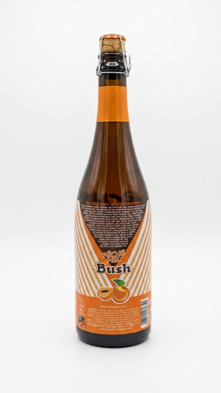 Flasche Bush Pêche-Miel mit fruchtig-honigfarbenem Bier, Nahaufnahme.