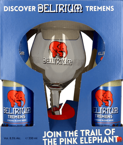Geschenkset mit drei Delirium Tremens Bierflaschen und einem Delirium-Glas in blauer Verpackung.