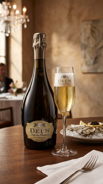 DeuS Brut des Flanders Bière de Champagne Flasche 75 cl neben gefülltem Sektglas auf Holztisch.