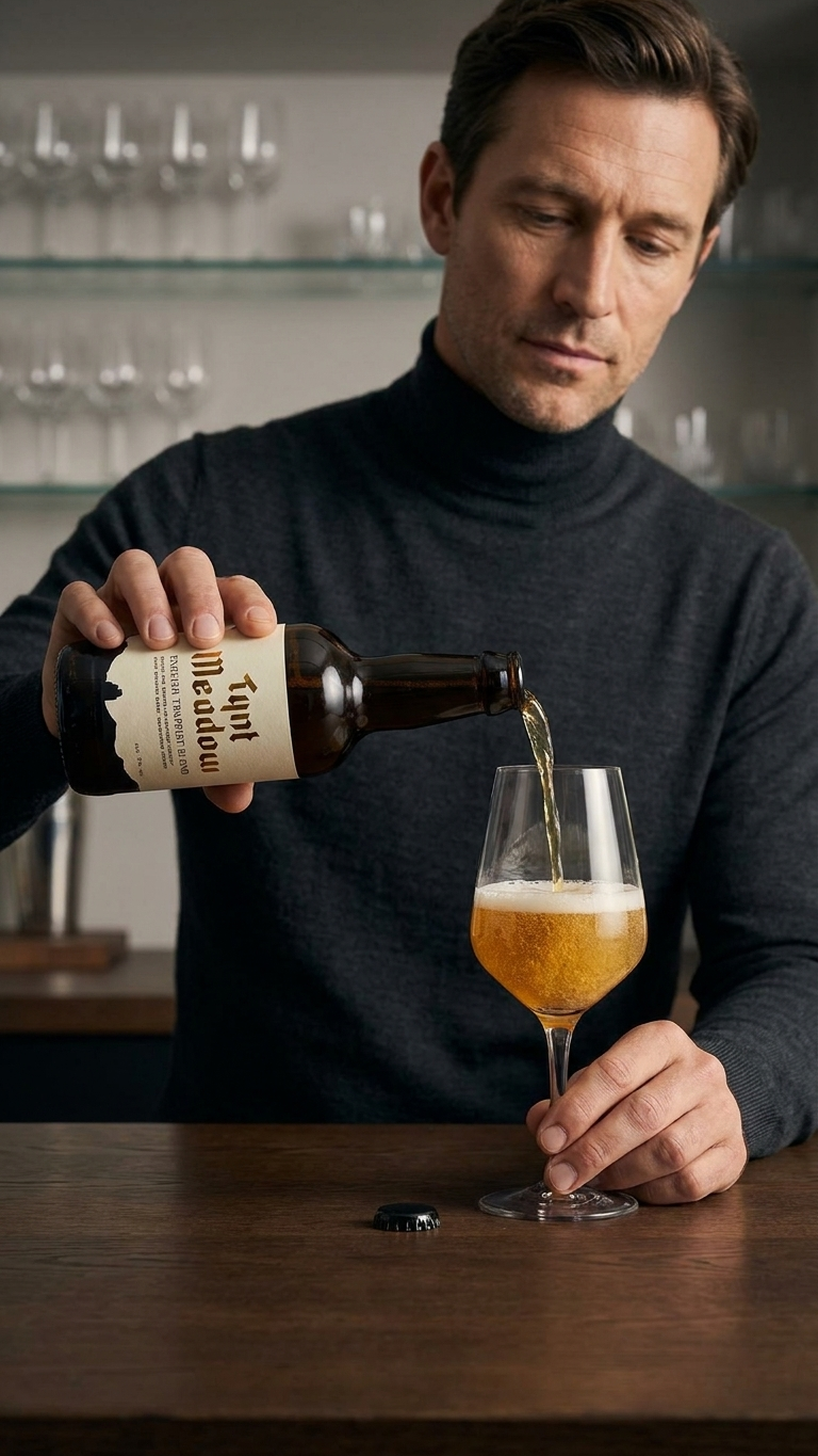 Mann gießt bernsteinfarbenes Bier aus brauner 33cl Mount St. Bernard Flasche in schlankes Glas.