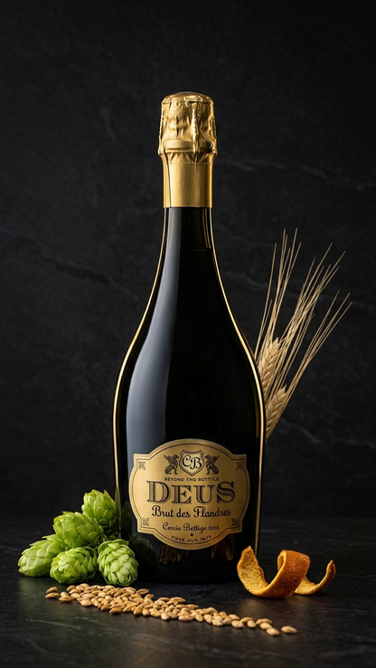 DeuS Brut des Flanders Champagnerflasche mit goldener Folie und Etikett, davor Hopfendolden und Orangenschale.