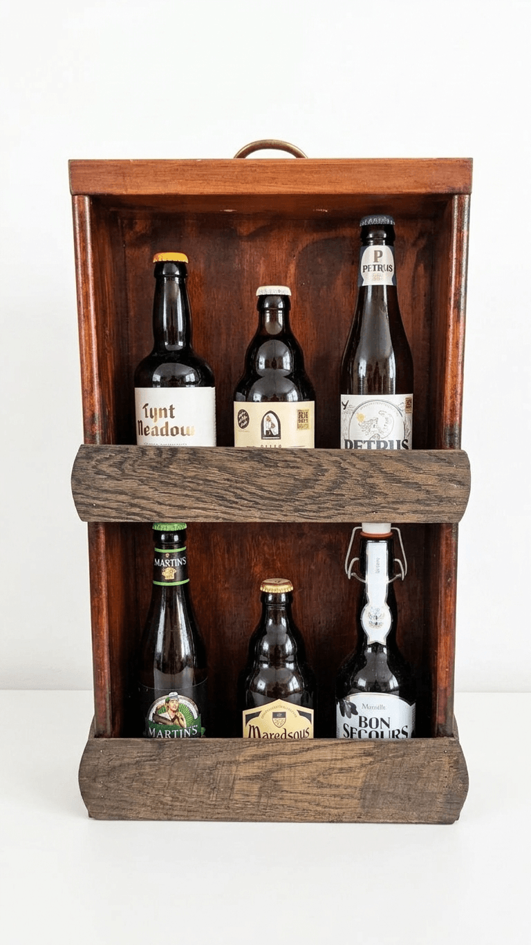Holz-Geschenkbox mit sechs verschiedenen Bierflaschen und Flaschenöffner, rustikales Design.