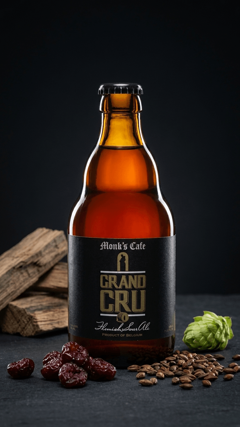 Braune 33cl Flasche Grand Cru Monk's Café mit schwarzem Etikett und goldener Schrift.