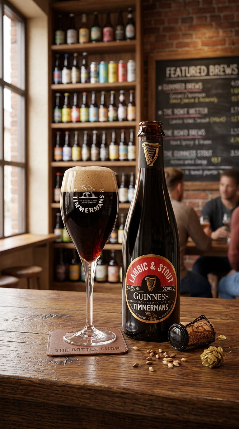 Dunkles Timmermans Lambic Stout Bier in Flasche mit Glas, Holztheke und Regal im Hintergrund.