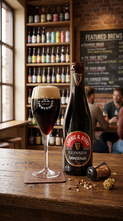 Dunkles Timmermans Lambic Stout Bier in Flasche mit Glas, Holztheke und Regal im Hintergrund.