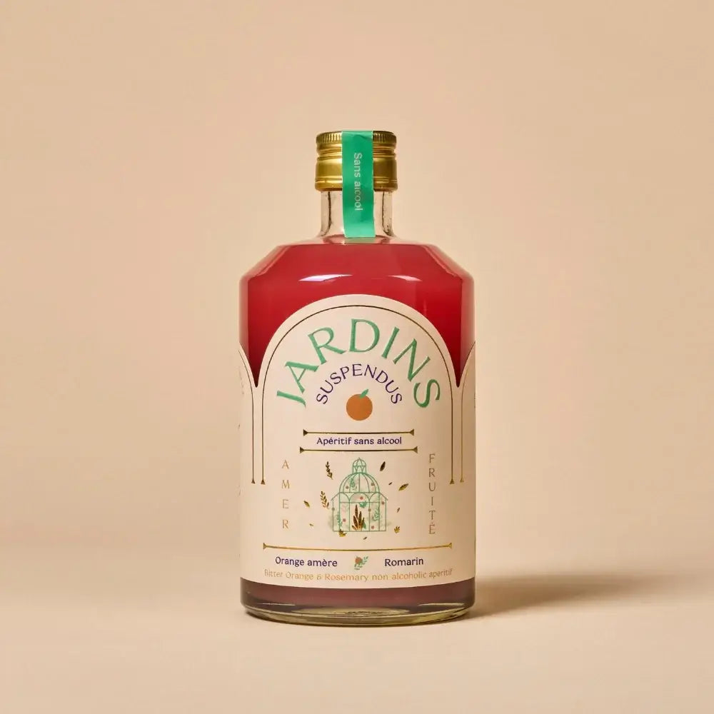 Flasche Hängende Gärten Bitterorange & Rosmarin alkoholfrei mit grün-goldenem Verschluss und cremefarbenem Etikett.