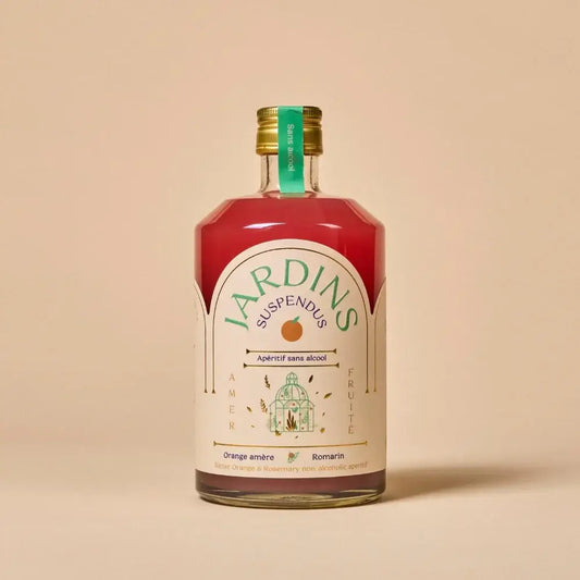 Flasche Hängende Gärten Bitterorange & Rosmarin alkoholfrei mit grün-goldenem Verschluss und cremefarbenem Etikett.