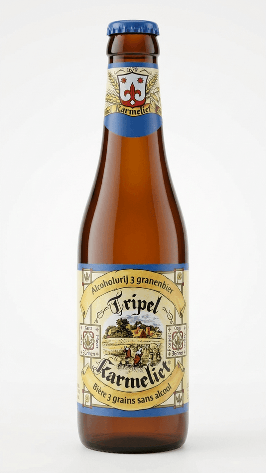 Braune 33 cl Flasche Tripel Karmeliet Alkoholfrei mit gelbem Etikett und blauem Kronkorken.
