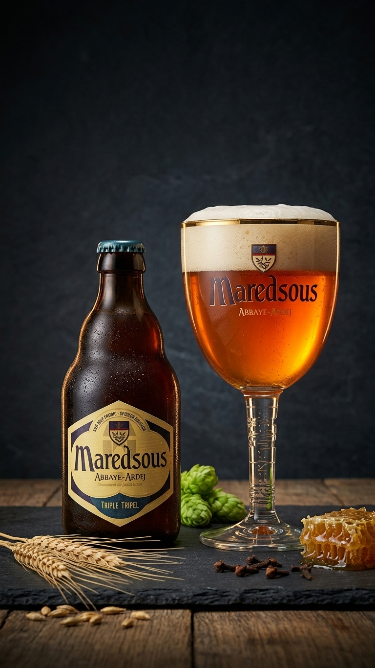 Glas Maredsous Triple mit hellem, spritzigem Bier und feinem Schaum, Flasche im Hintergrund.