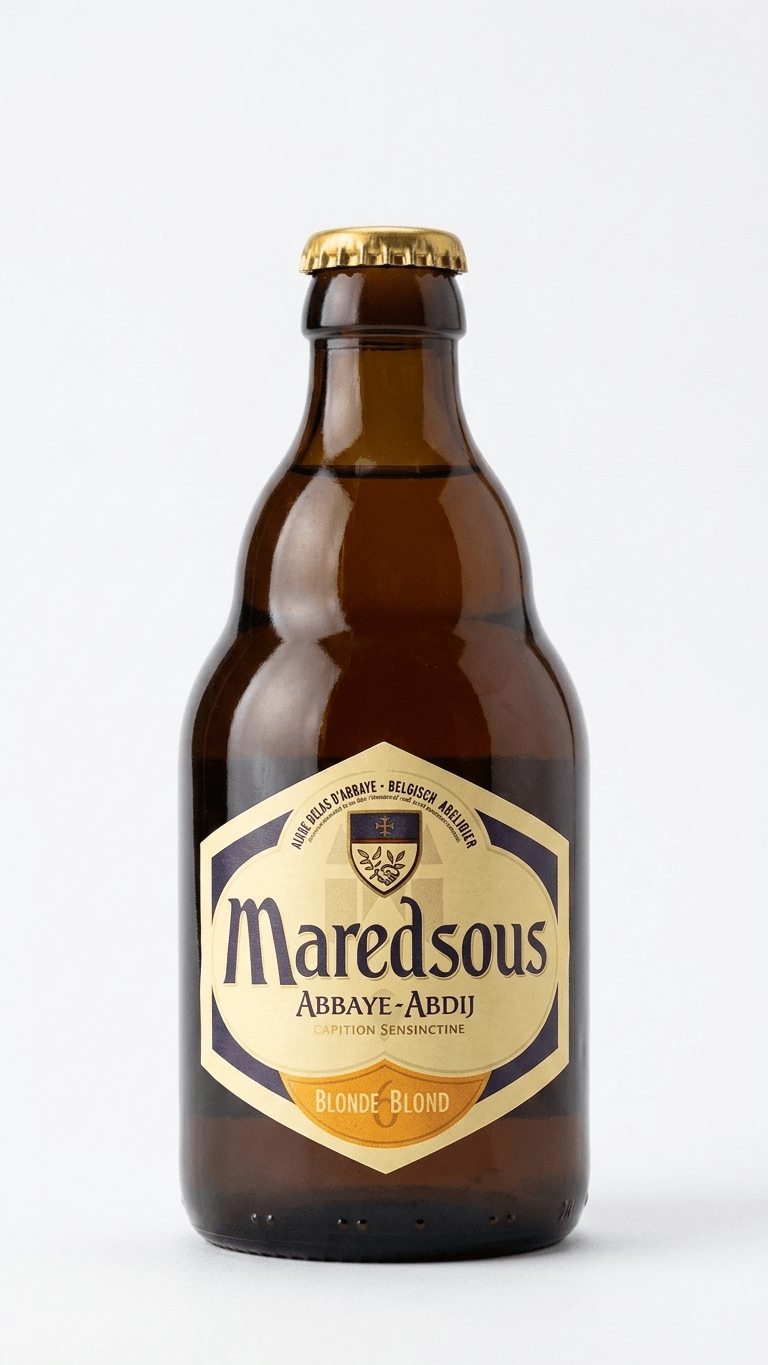 Braune Glasflasche Maredsous Abbaye Blond Bier 33 cl mit goldfarbenem Etikett und Kronkorken.