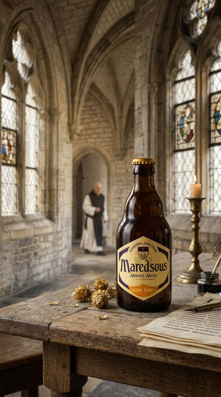 Braune 33cl Flasche Maredsous Abbaye Blond auf rustikalem Holztisch in gotischem Kircheninterieur.