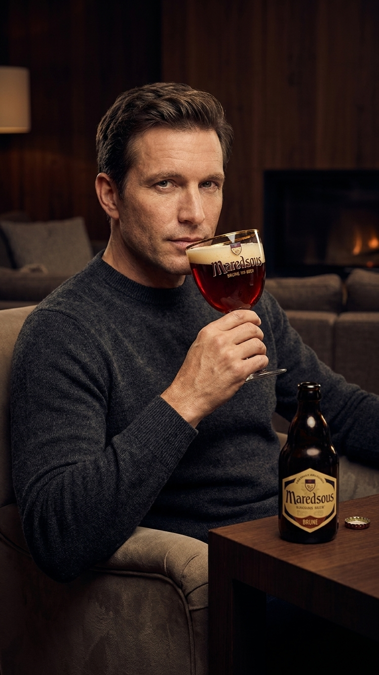 Maredsous Bruin Abteibier, Flasche und Glas stimmungsvoll arrangiert.