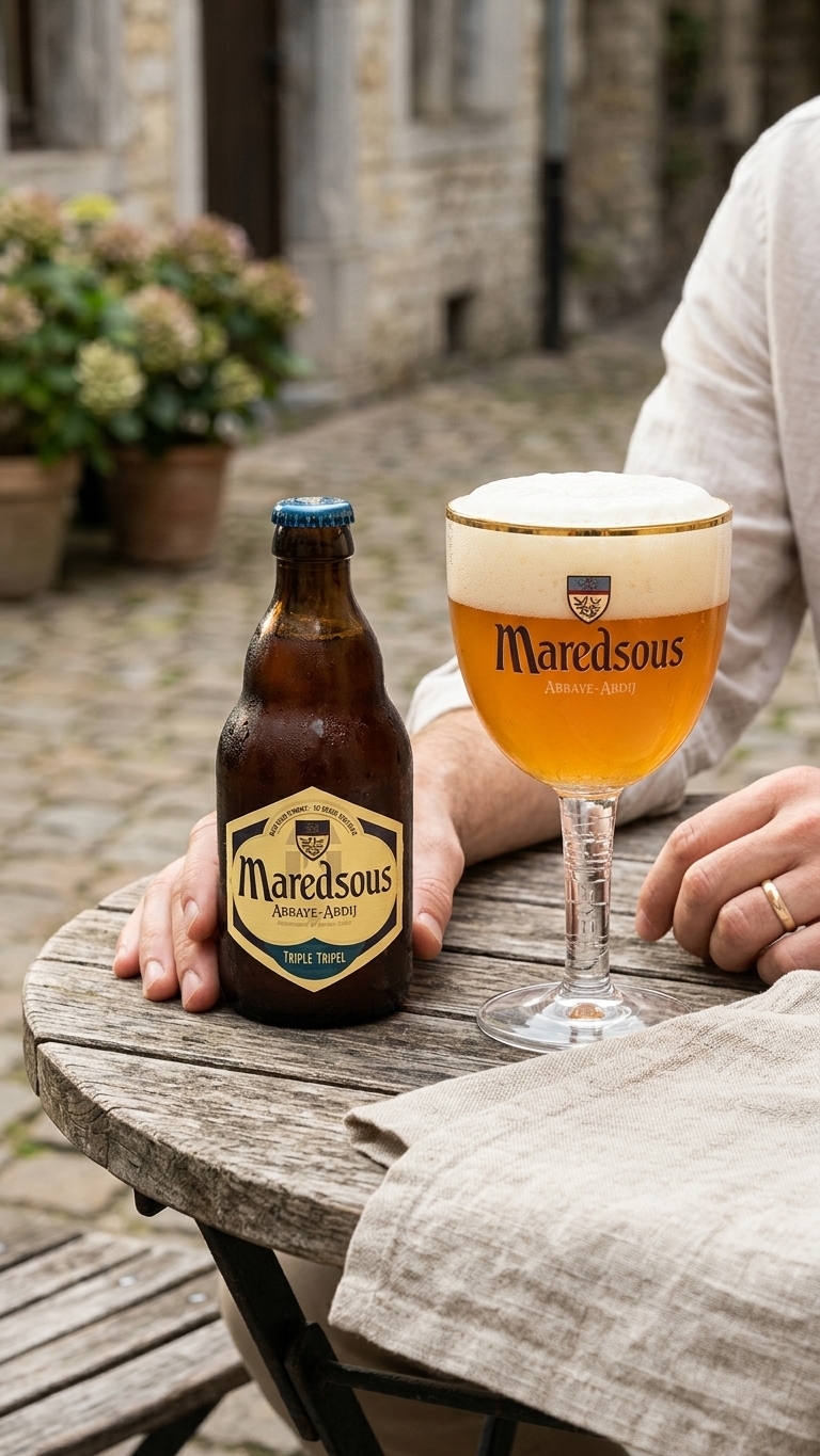 Flasche Maredsous Triple Abbaye mit charakteristischem Etikett, Nahaufnahme für thecrafts.ch.
