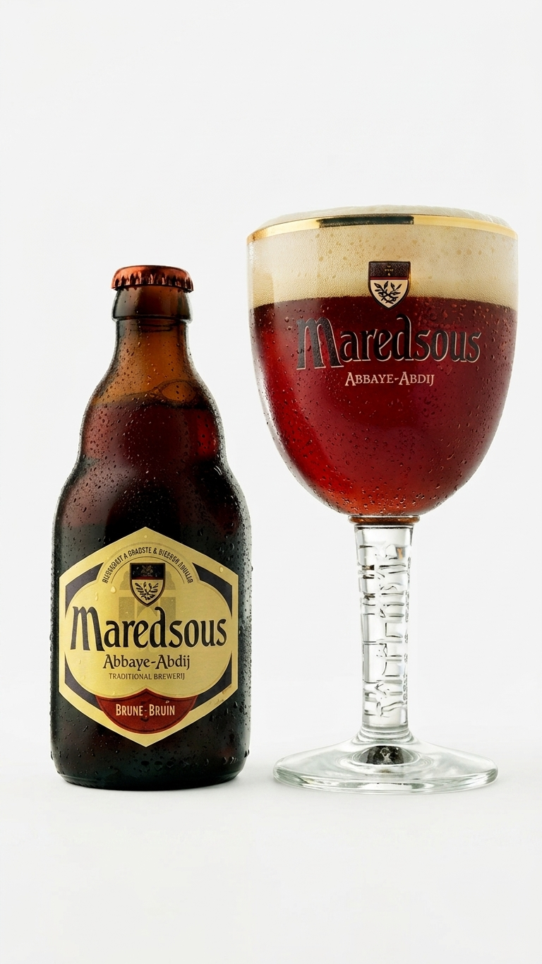 Flasche Maredsous Bruin, belgisches Abteibier mit malzig-dunkler Farbe.
