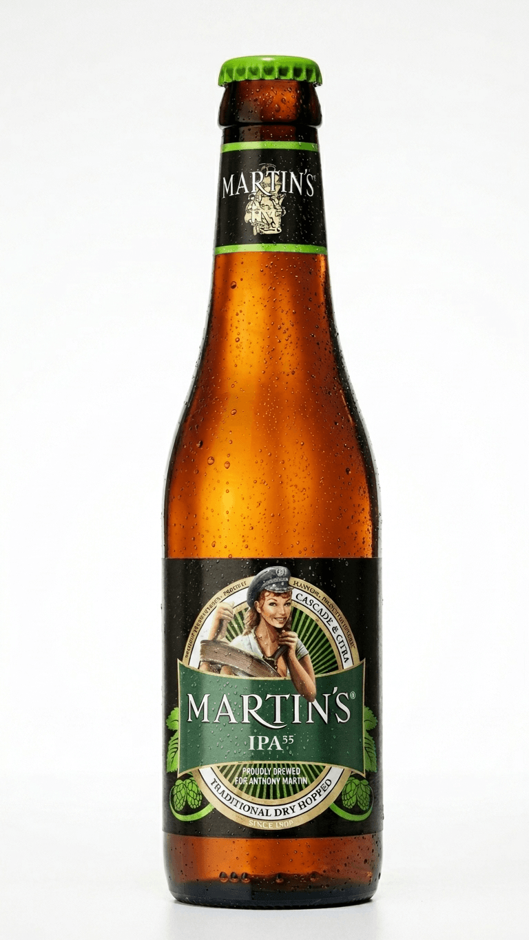 Braune 33cl Bierflasche Martins IPA mit grünem Etikett und grüner Kapsel.