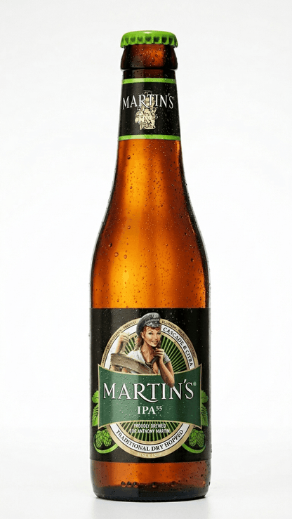 Braune 33cl Bierflasche Martins IPA mit grünem Etikett und grüner Kapsel.