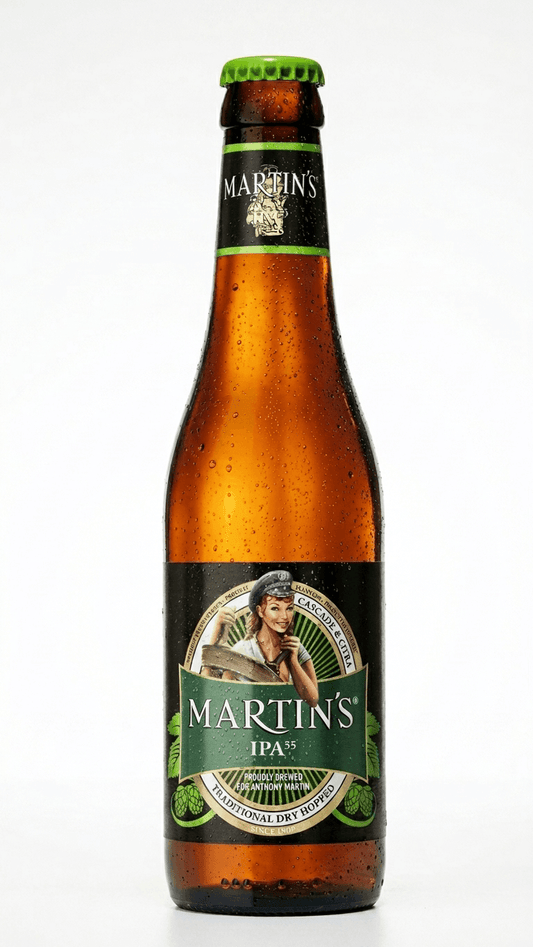 Braune 33cl Bierflasche Martins IPA mit grünem Etikett und grüner Kapsel.