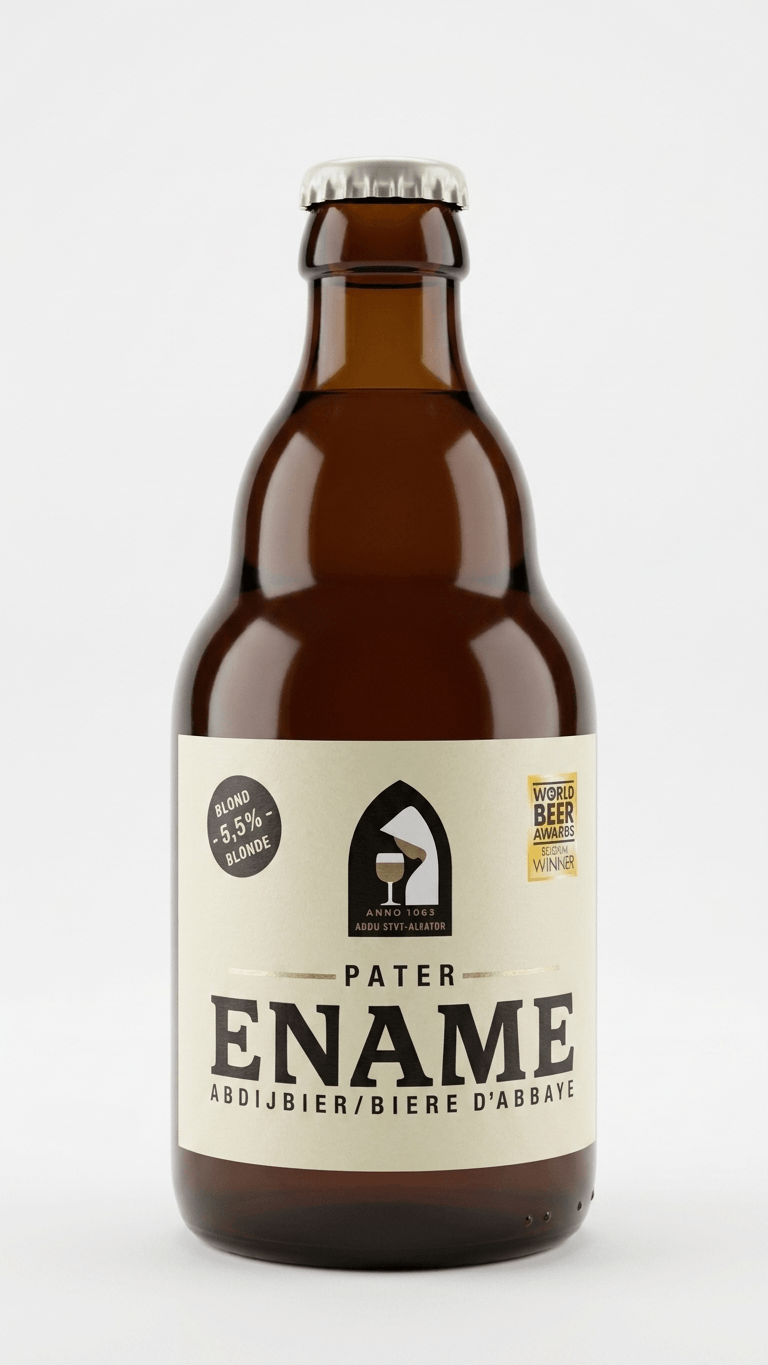 Braune 33cl Bierflasche Ename Pater mit weißem Etikett und schwarzem Schriftzug.