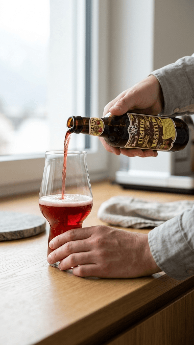 Person gießt dunkles, rubinrotes Samuel Smith’s Raspberry Beer in Kelchglas auf Holzfensterbank.