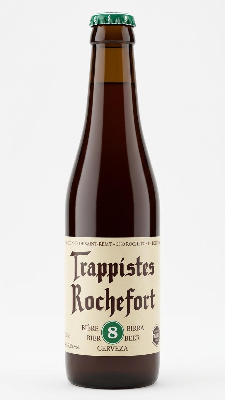 Braune 33cl Flasche Trappistes Rochefort 8° Bier mit beige-grünem Etikett und grünem Kronkorken.