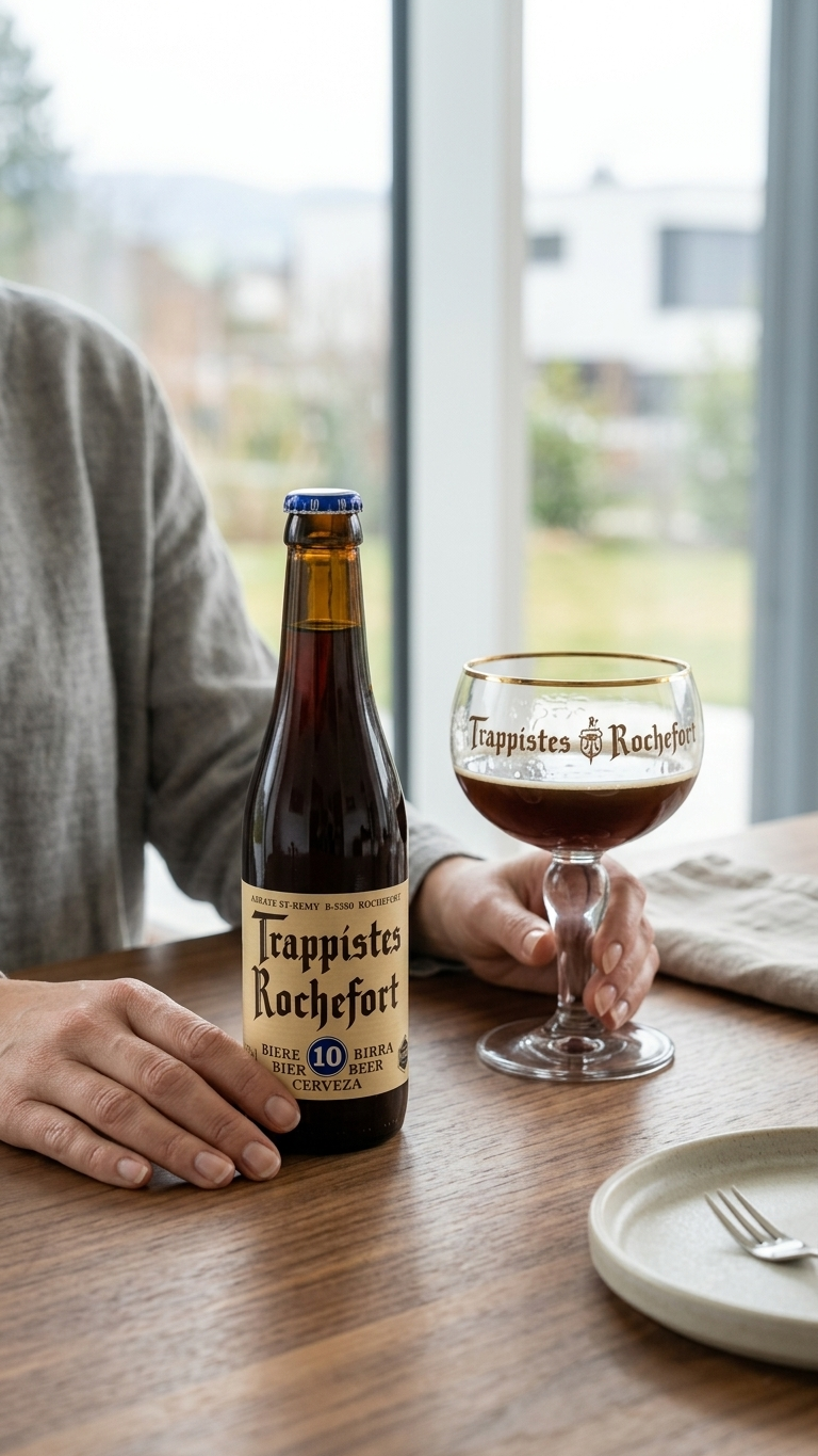 Flasche Trappistes Rochefort 10° 33cl mit gefülltem Kelchglas auf Holztisch vor Fenstern.