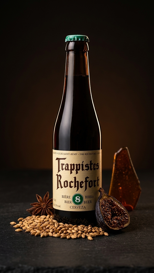 Braune 33cl Flasche Trappistes Rochefort 8° mit cremefarbenem Etikett und grünem Kronkorken auf dunklem Hintergrund.