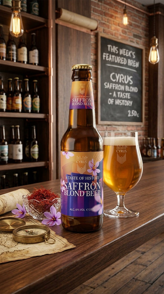 Flasche Cyrus Saffron Blond Beer mit violett-goldenem Etikett neben gefülltem Bierglas auf Holztresen.
