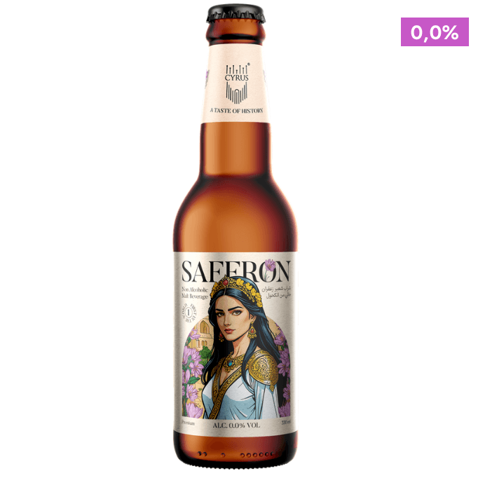 Braune Flasche mit Safran-Blumenetikett und 0,0% alkoholfreiem Safran Craft Beer.