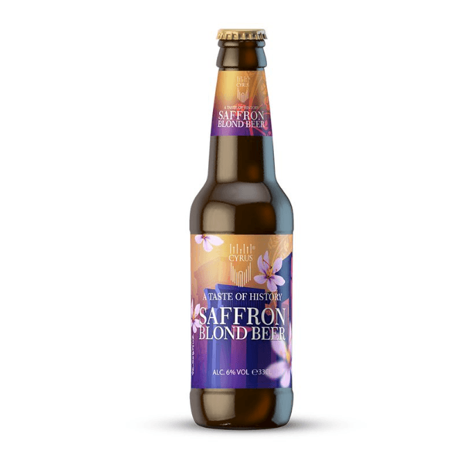Braune Bierflasche mit lilafarbenem Etikett und gelbem Safranblüten-Design, 33cl.