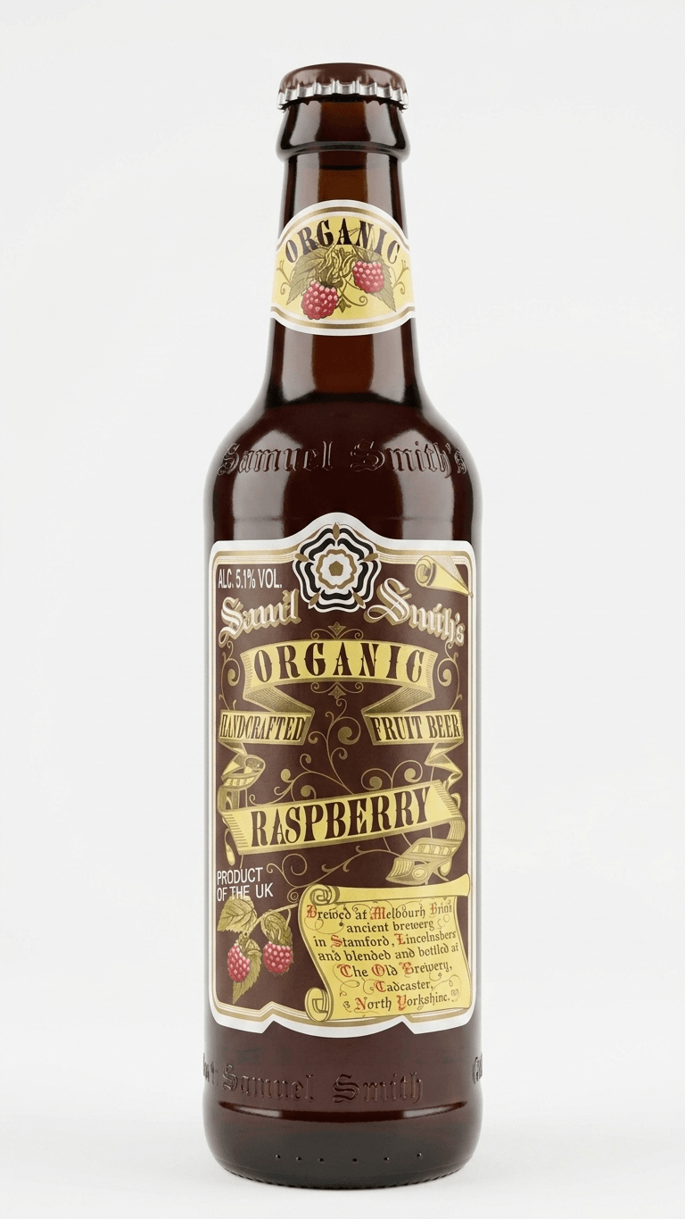 Samuel Smith's Organic Raspberry Beer in brauner 355 ml Flasche mit goldgelbem Etikett und Himbeerillustration.