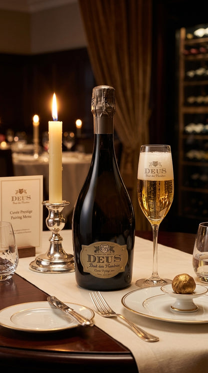 Schwarze Flasche DeuS Brut des Flanders mit goldener Kapsel und gefülltem Sektglas auf feinem gedeckten Tisch mit Kerzenlicht.