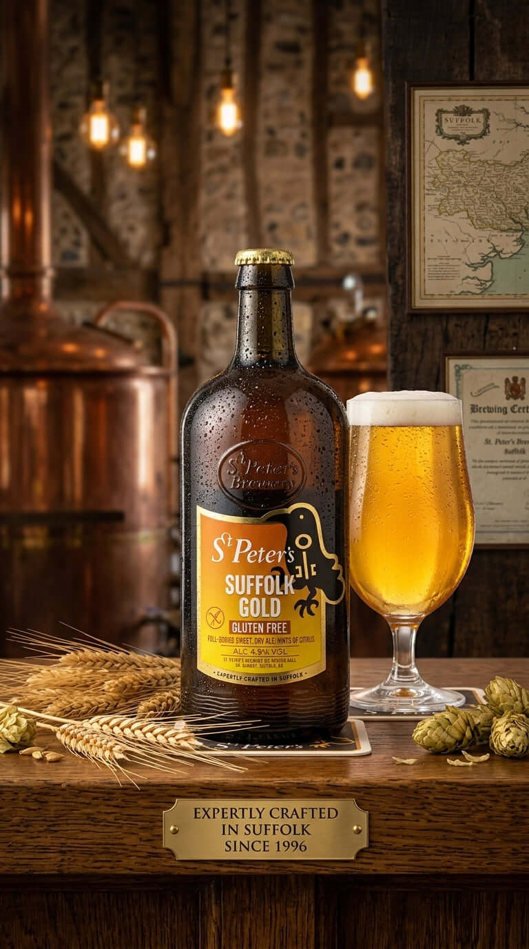 St. Peter’s Suffolk Gold Glutenfreies Bier in brauner Flasche mit gefülltem Bierglas auf Holztisch mit Gerste und Hopfen.