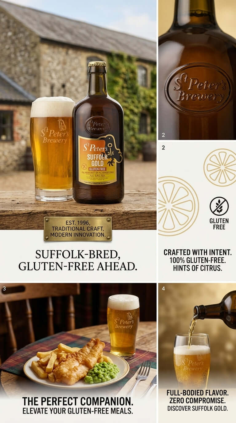 Flasche St. Peter’s Suffolk Gold glutenfreies Bier mit Schaum im Glas und englischem Landhaus im Hintergrund.