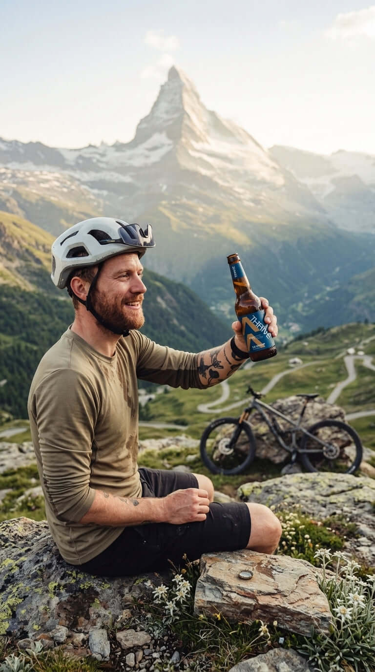 Mann mit Fahrradhelm hält alkoholfreies Thrive Peak IPA in 0,33-l-Dose vor Bergpanorama.