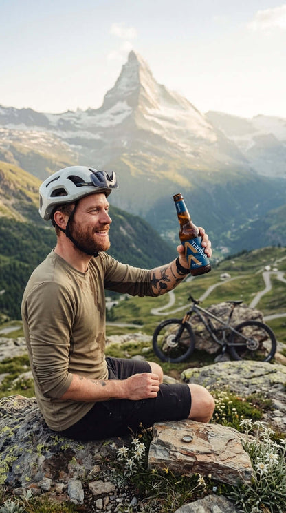 Mann mit Fahrradhelm hält alkoholfreies Thrive Peak IPA in 0,33-l-Dose vor Bergpanorama.