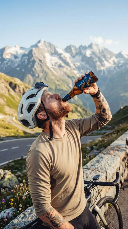 Sportler mit Radhelm trinkt Thrive Peak alkoholfreies IPA aus 0,33-l-Dose vor Bergkulisse.