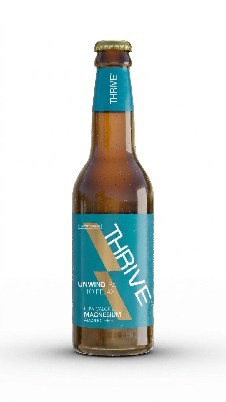 Braune 0,33-l-Flasche Thrive Peak alkoholfreies IPA mit blauem Etikett für Sportler.