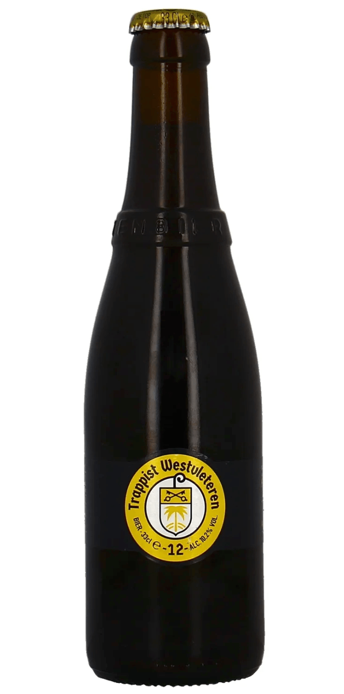 Dunkle 33cl Flasche WESTVLETEREN 12 Trappist Bier mit gelbem Etikett und goldener Kapsel.