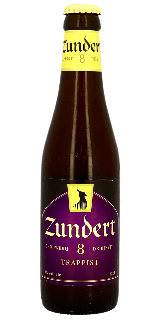 Braune 33cl Flasche Trappistenbier Zundert mit violettem Etikett und gelbem Flaschenhals.