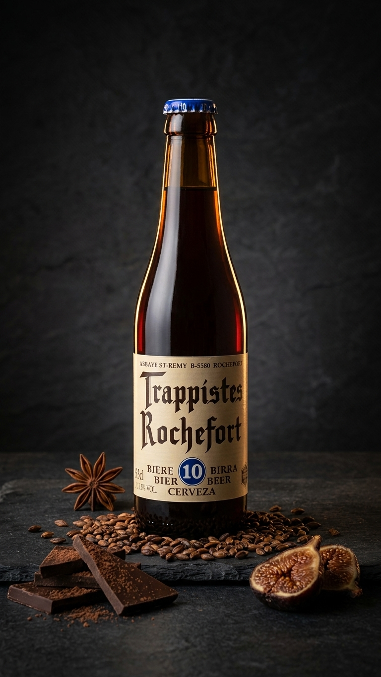 Braune Flasche Trappistes Rochefort 10° mit cremefarbenem Etikett, umgeben von Gewürzen und Schokolade.