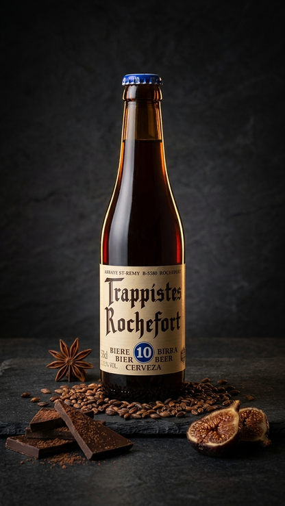Braune Flasche Trappistes Rochefort 10° mit cremefarbenem Etikett, umgeben von Gewürzen und Schokolade.