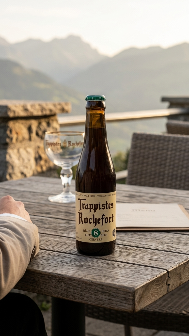 Flasche Trappistes Rochefort 8° 33cl mit Kelchglas auf Holztisch, Bergkulisse im Hintergrund.