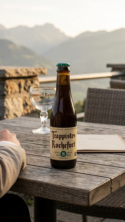 Flasche Trappistes Rochefort 8° 33cl mit Kelchglas auf Holztisch, Bergkulisse im Hintergrund.