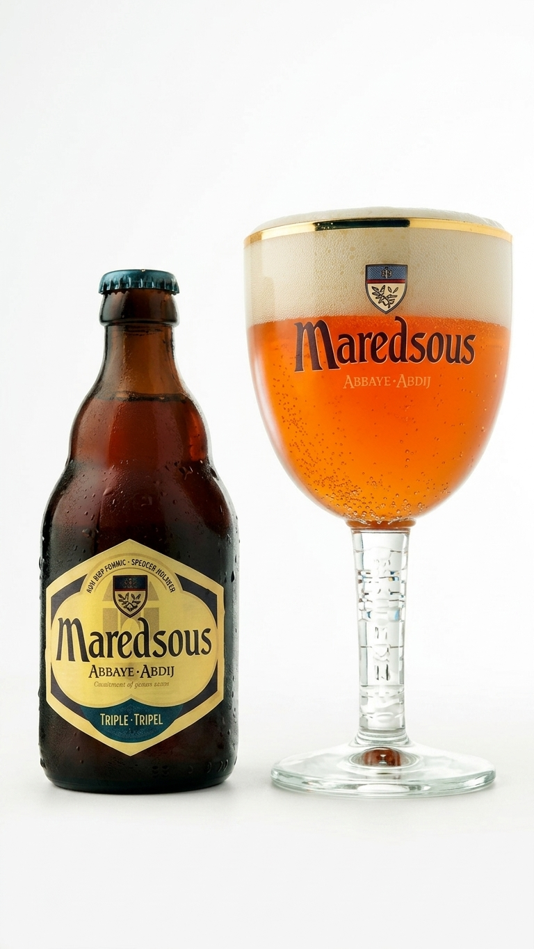 Maredsous Triple in der Flasche mit goldenem Bier im Glas.